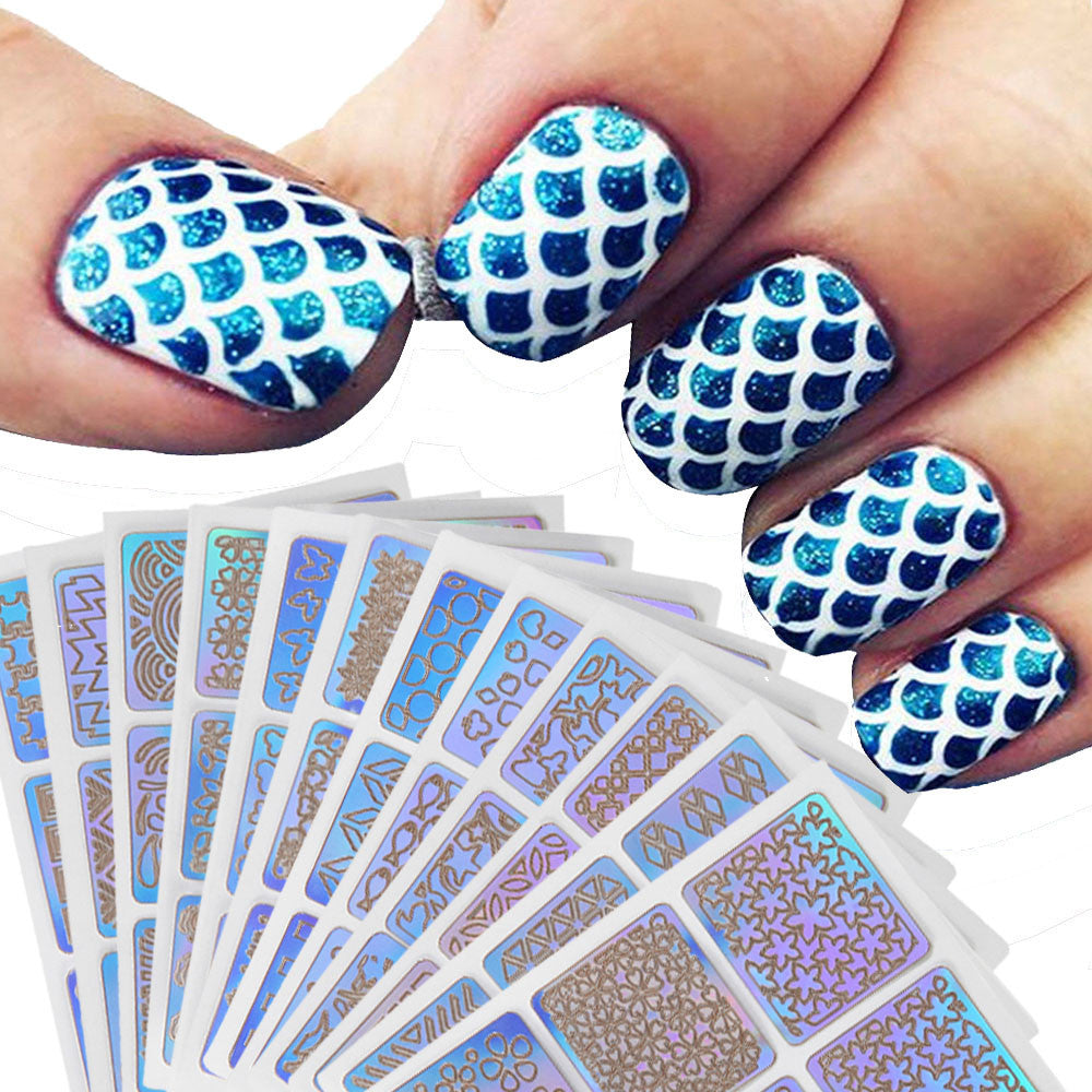 12 Sheets New Nail Hollow Irregular Grid Stencil Reusable Manicure Stickers Stamping Template Nail Art Tools - TIKITAKA Accessories 